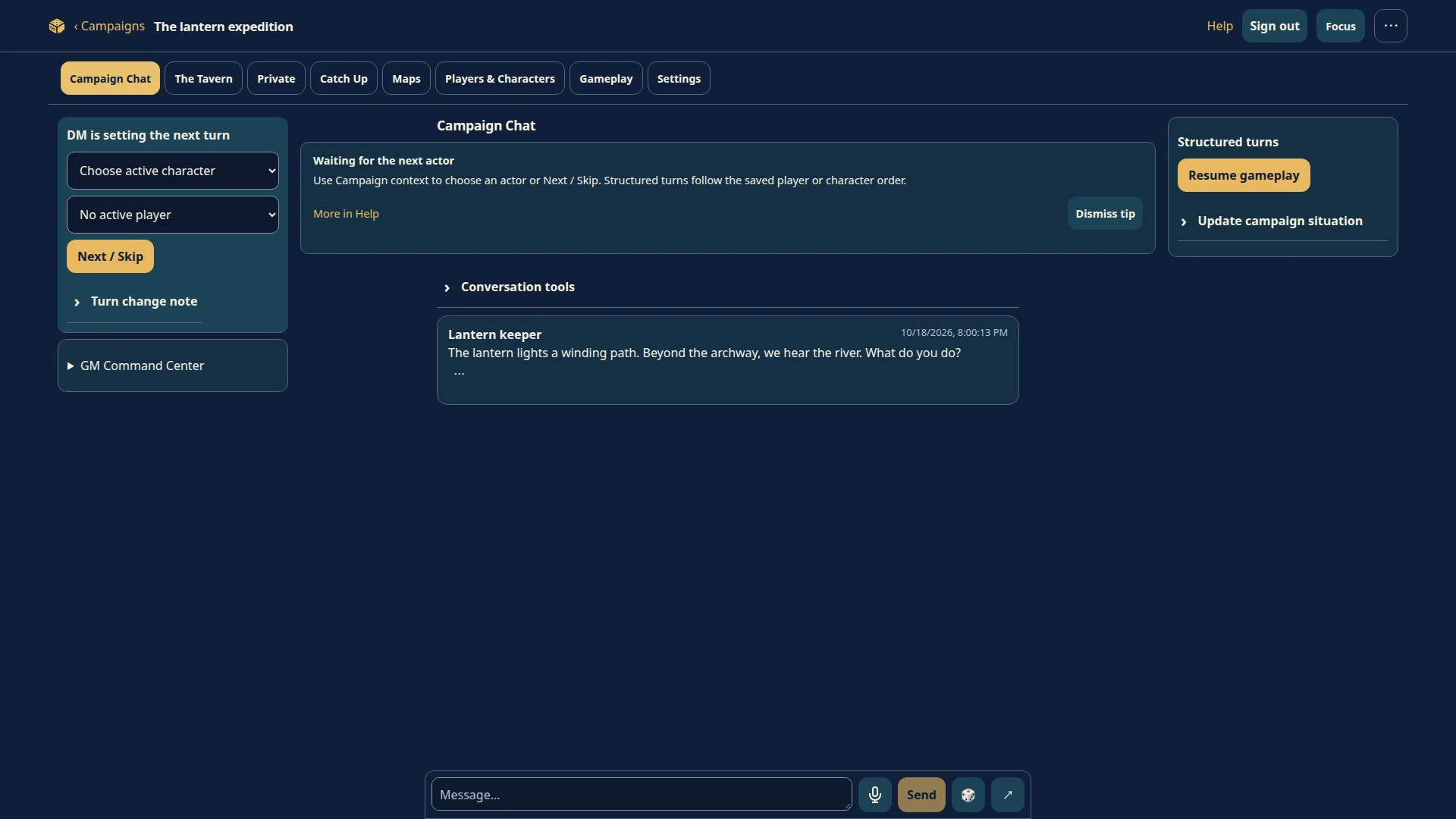 RPGirc desktop interface with Campaign Chat, The Tavern, private messages, Catch Up, maps, characters, and gameplay navigation