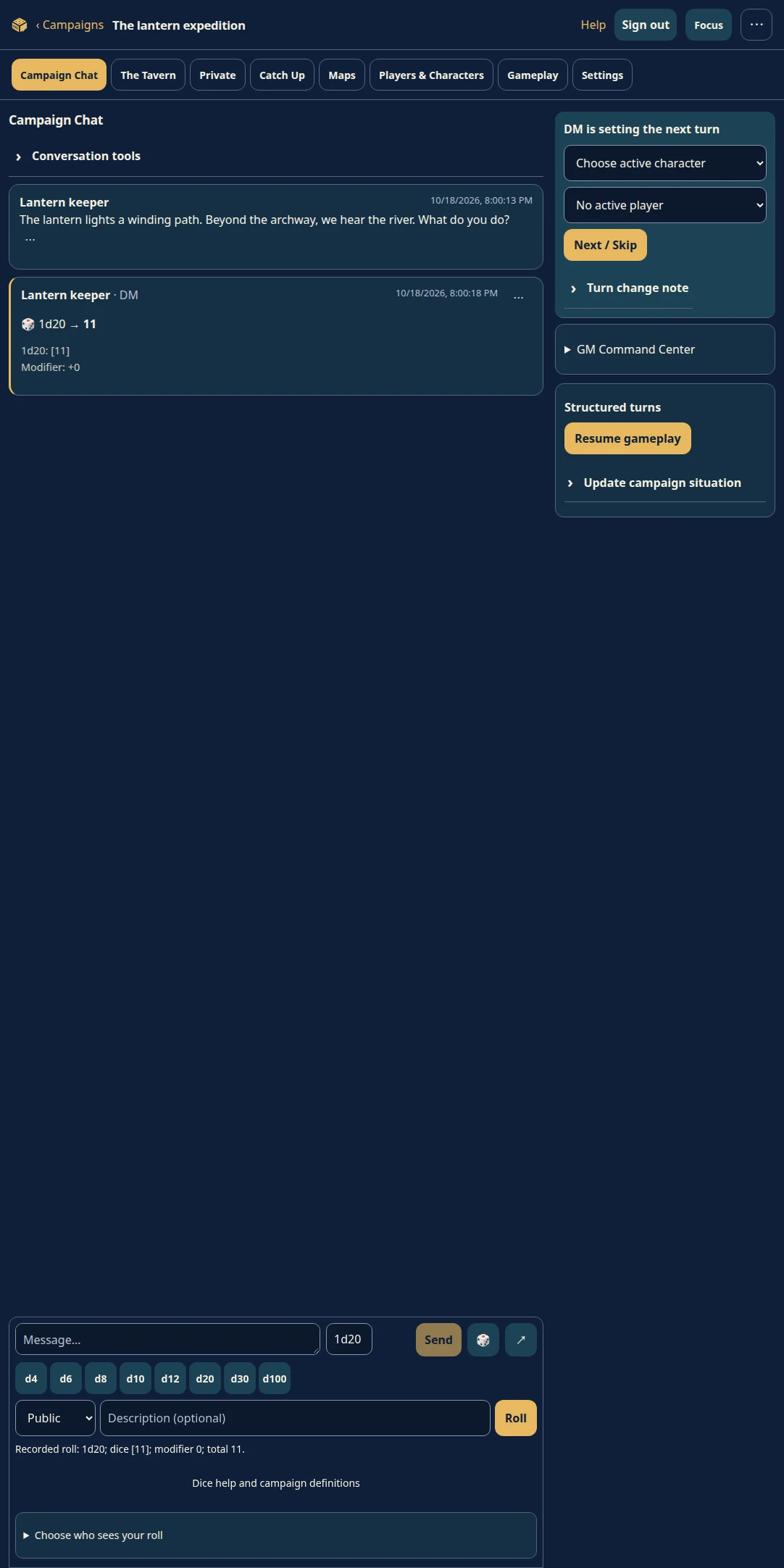 Actual RPGirc phone interface showing campaign chat and dice controls with demonstration data